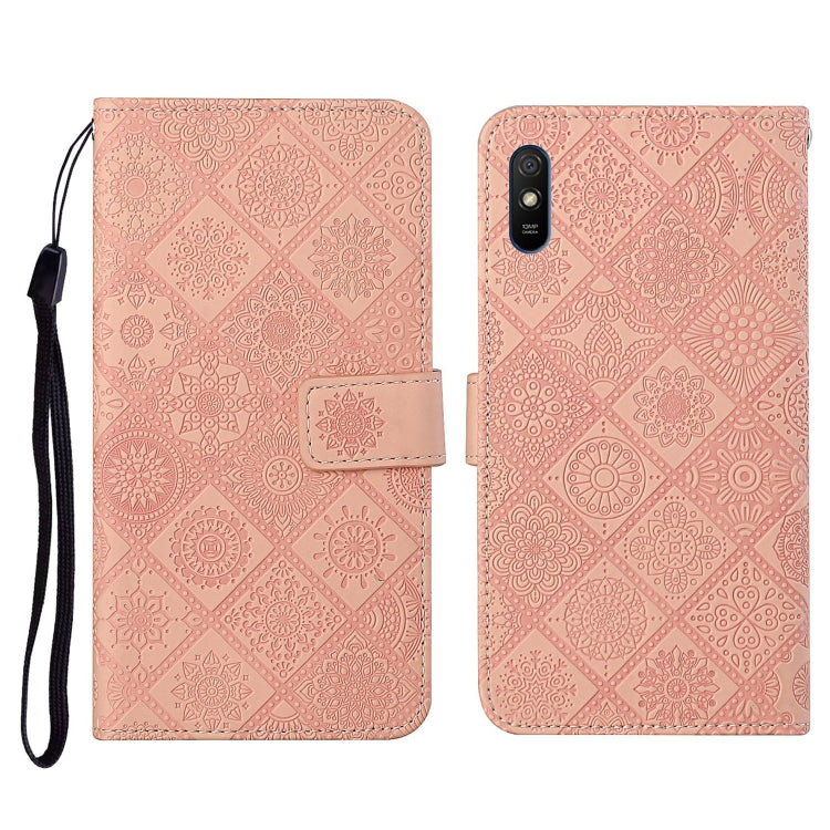 Pink embossed flip leather phone case with card holder and black wrist strap