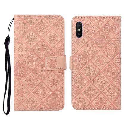 Pink embossed flip leather phone case with card holder and black wrist strap