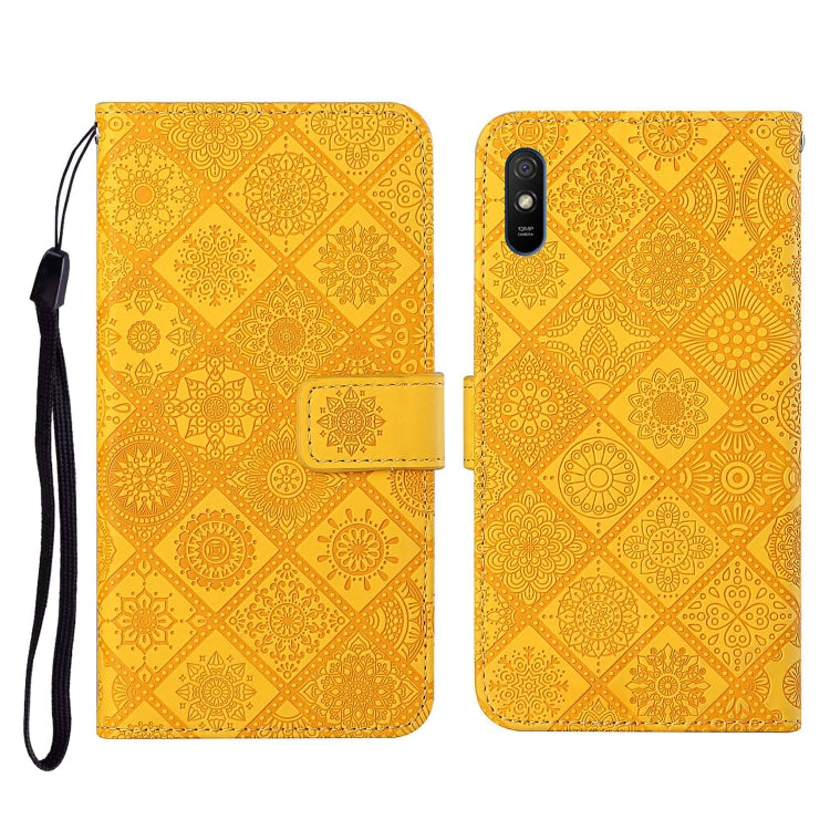 Yellow embossed flip leather phone case with card holder and black wrist strap