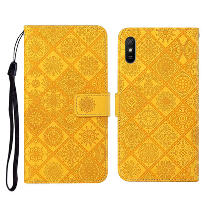 Yellow embossed flip leather phone case with card holder and black wrist strap
