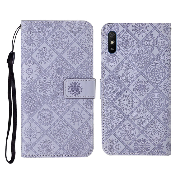 Lavender embossed flip leather phone case with card holder and black wrist strap