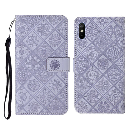 Lavender embossed flip leather phone case with card holder and black wrist strap
