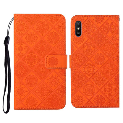 Orange embossed flip leather phone case with card holder and black wrist strap