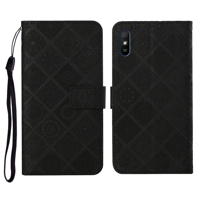 Black embossed flip leather phone case with card holder and black wrist strap