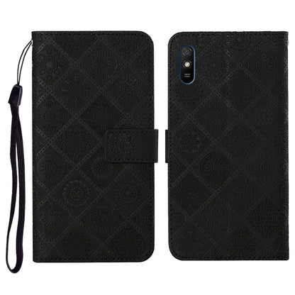 Black embossed flip leather phone case with card holder and black wrist strap