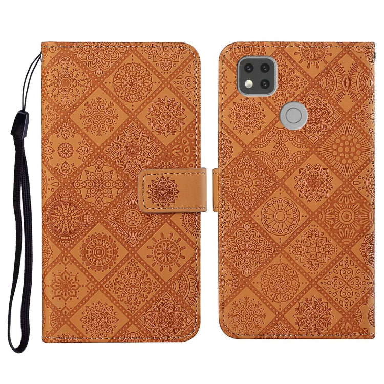 Brown embossed flip leather phone case with card holder, wrist strap, and camera cutout