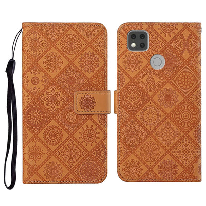 Brown embossed flip leather phone case with card holder, wrist strap, and camera cutout