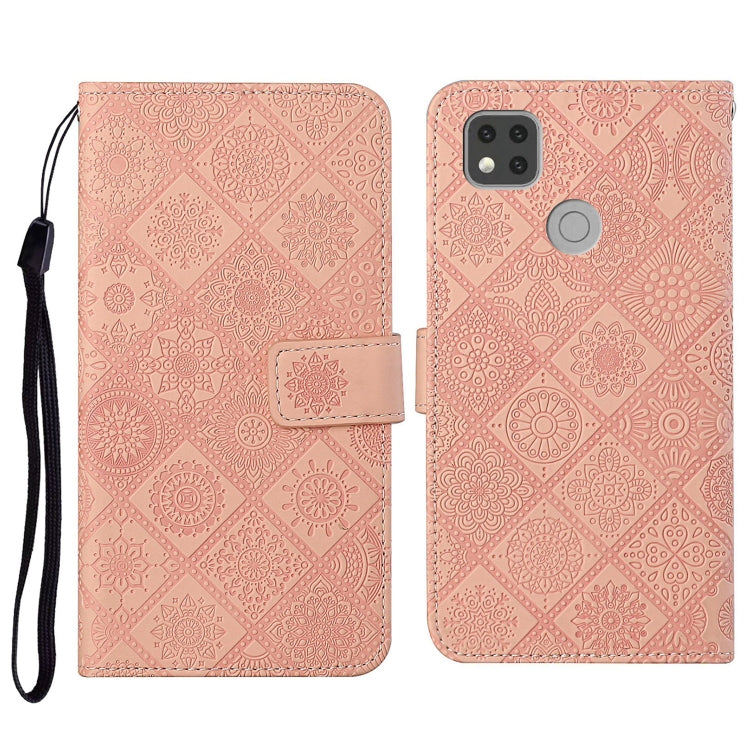 Pink embossed flip leather phone case with card holder, wrist strap, and camera cutout