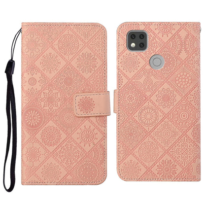 Pink embossed flip leather phone case with card holder, wrist strap, and camera cutout