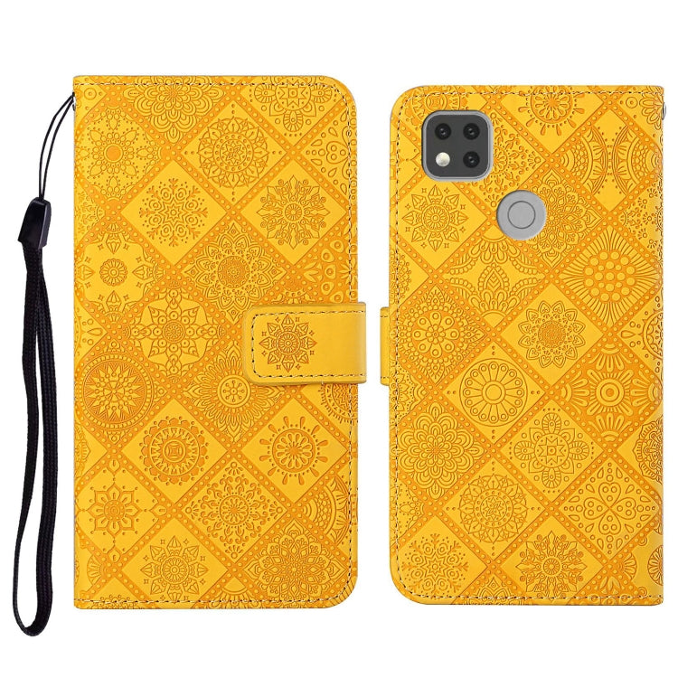 Yellow embossed flip leather phone case with card holder, wrist strap, and camera cutout