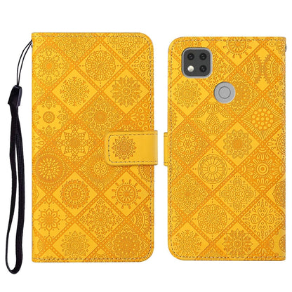 Yellow embossed flip leather phone case with card holder, wrist strap, and camera cutout