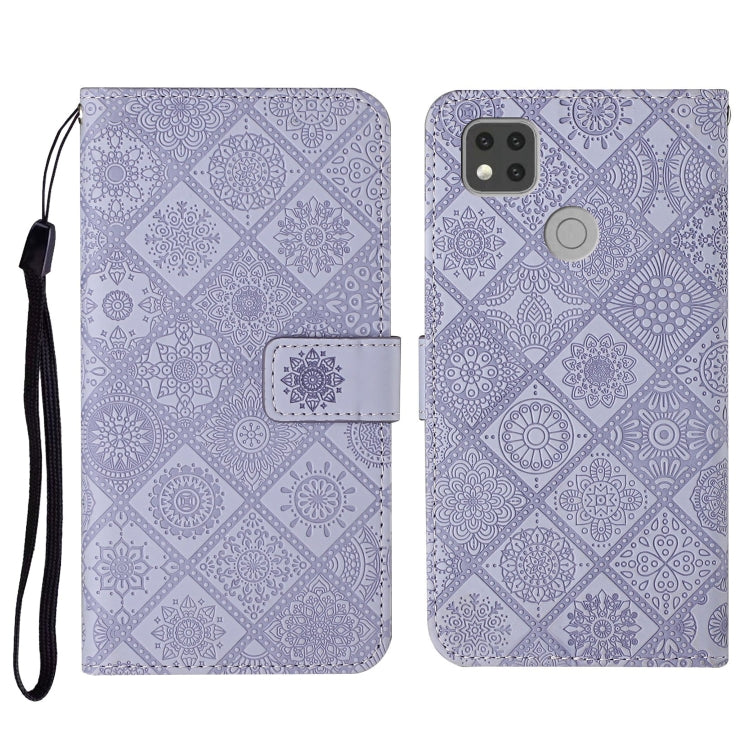 Lavender embossed flip leather phone case with card holder, wrist strap, and camera cutout