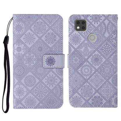 Lavender embossed flip leather phone case with card holder, wrist strap, and camera cutout