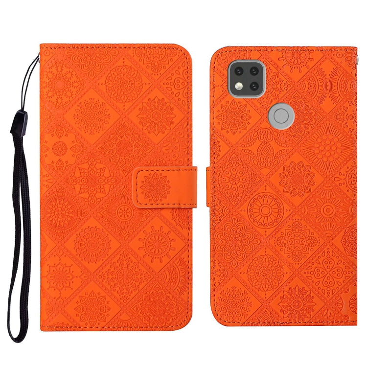 Orange embossed flip leather phone case with card holder, wrist strap, and camera cutout