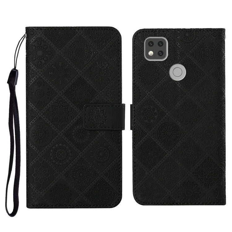 Black embossed flip leather phone case with card holder, wrist strap, and camera cutout