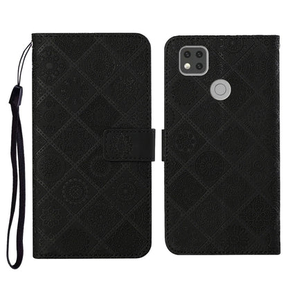 Black embossed flip leather phone case with card holder, wrist strap, and camera cutout