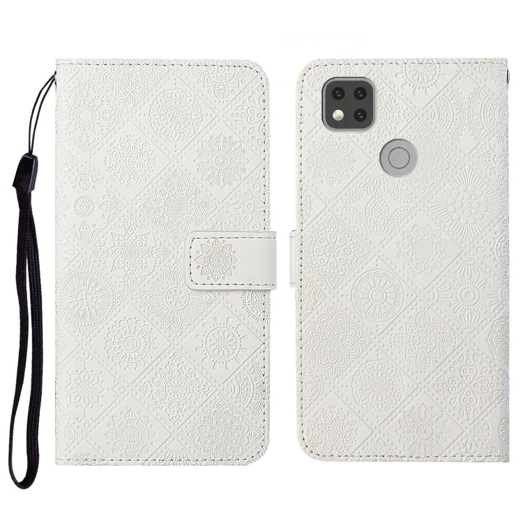 Ivory embossed flip leather phone case with card holder, wrist strap, and camera cutout