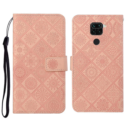 Rose pink embossed flip leather phone case with card holder, wrist strap, and camera cutout