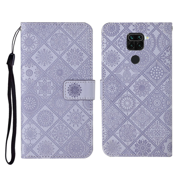 Embossed leather wallet phone case with lanyard and card slots, lilac flip cover