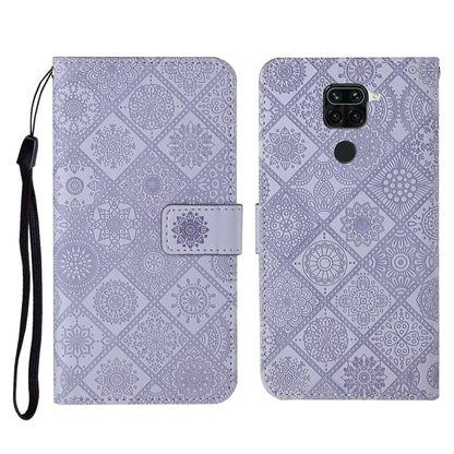 Embossed leather wallet phone case with lanyard and card slots, lilac flip cover