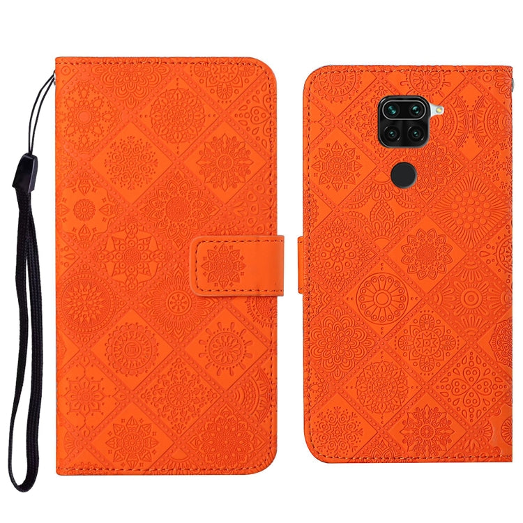 Embossed leather wallet phone case with lanyard and card slots, orange flip cover