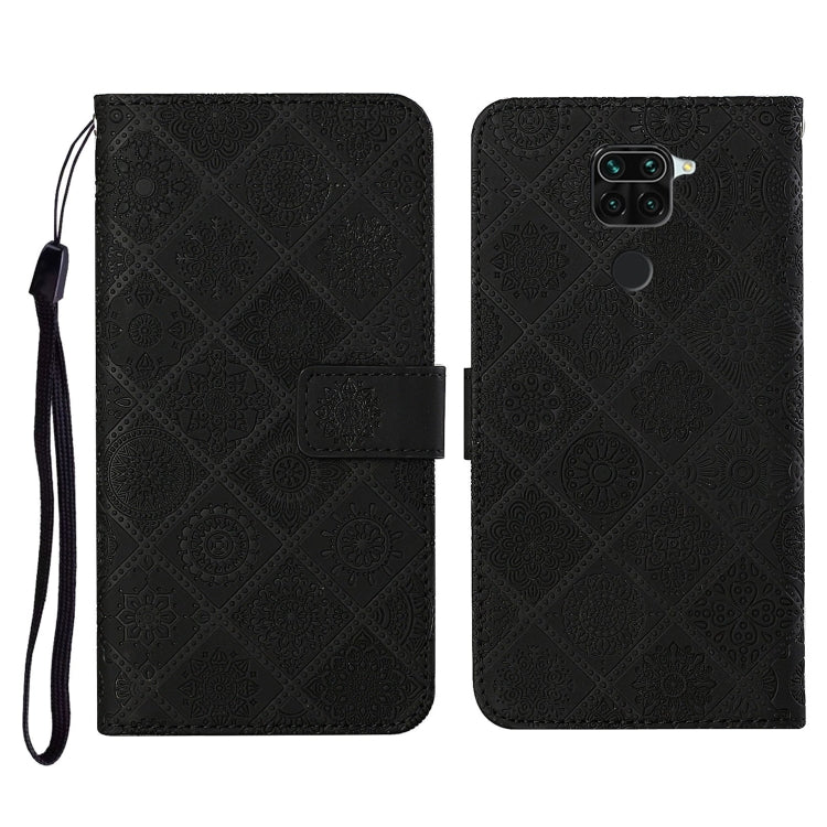 Embossed leather wallet phone case with lanyard and card slots, black flip cover