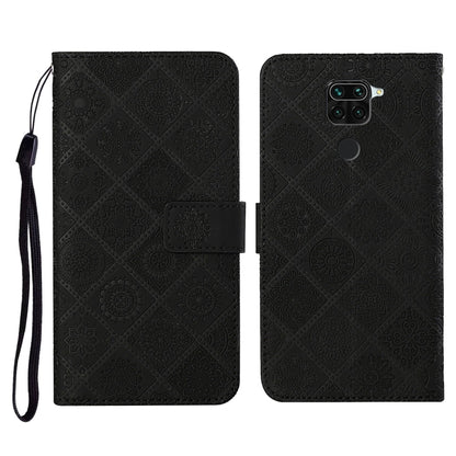 Embossed leather wallet phone case with lanyard and card slots, black flip cover
