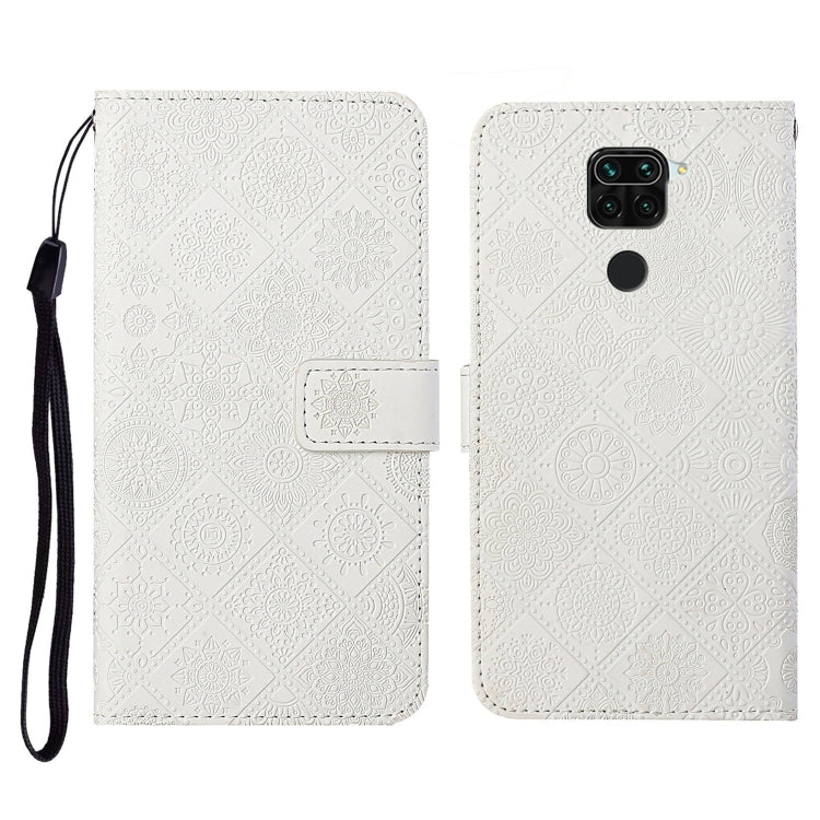 Embossed leather wallet phone case with lanyard and card slots, white flip cover