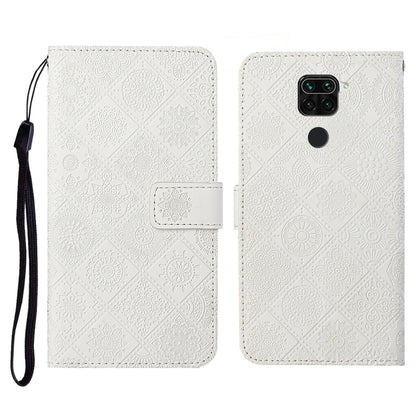 Embossed leather wallet phone case with lanyard and card slots, white flip cover