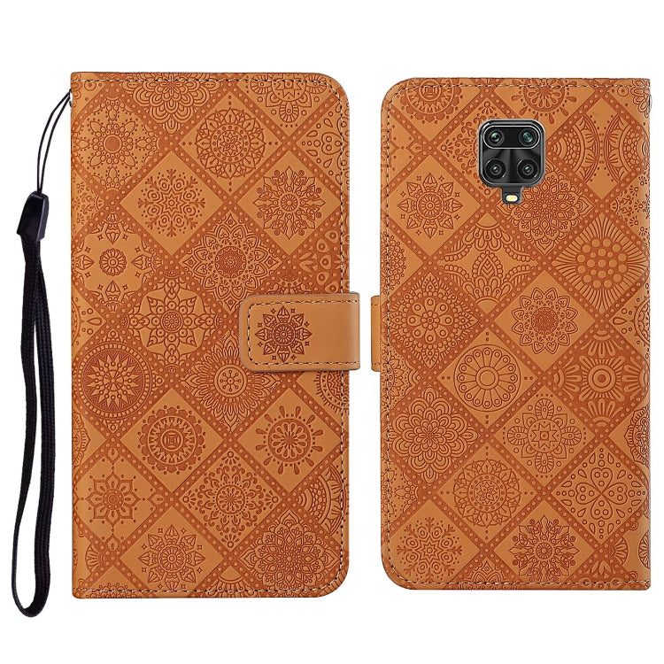 Embossed leather wallet phone case with lanyard and card slots, warm brown flip cover