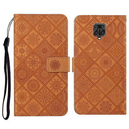 Embossed leather wallet phone case with lanyard and card slots, warm brown flip cover