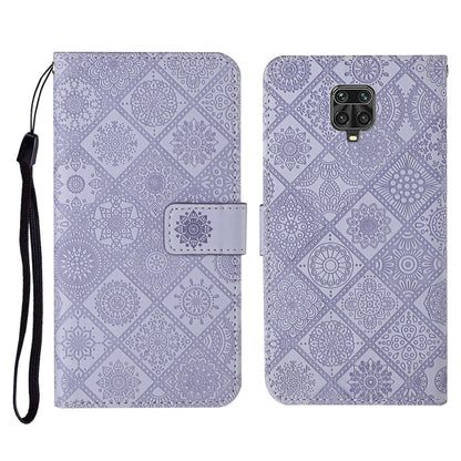Embossed leather wallet phone case with lanyard and card slots, lavender flip cover