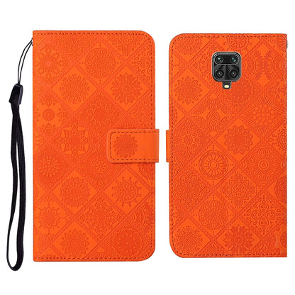 Embossed leather wallet phone case with lanyard and card slots, orange flip cover