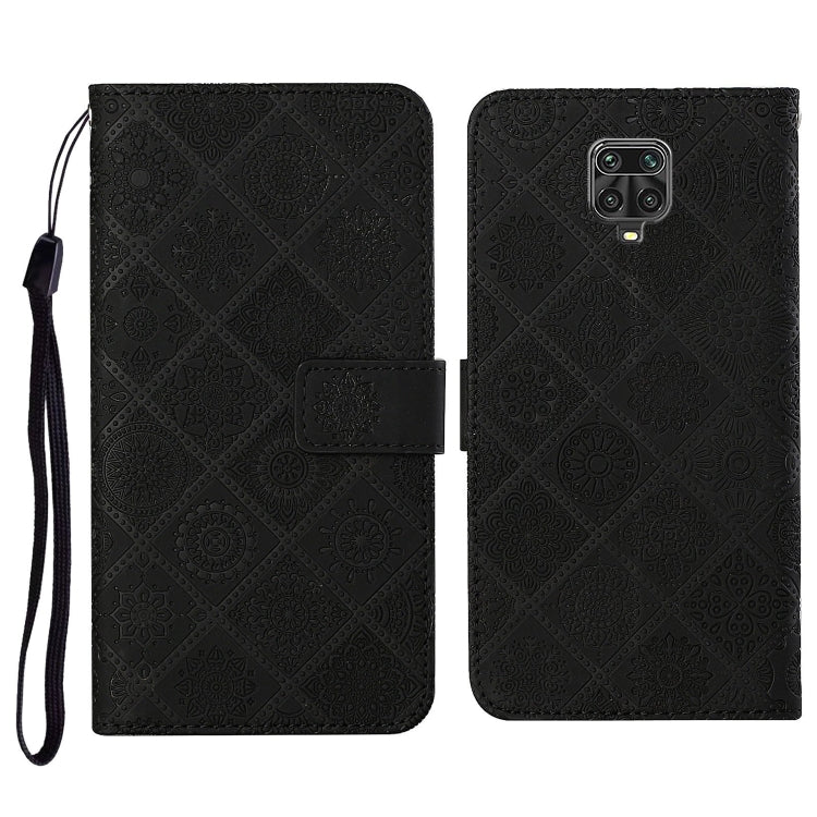 Black embossed flip leather wallet phone case with card slots and wrist lanyard
