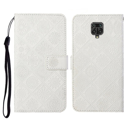 White embossed flip leather wallet phone case with card slots and wrist lanyard
