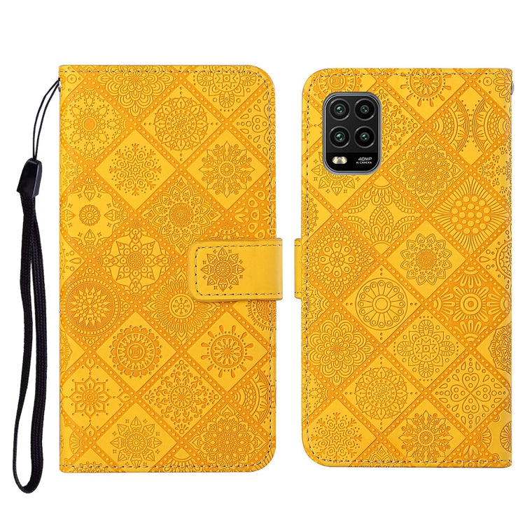 Yellow embossed flip phone wallet case with card slots and wrist lanyard strap