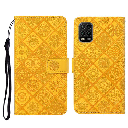 Yellow embossed flip phone wallet case with card slots and wrist lanyard strap