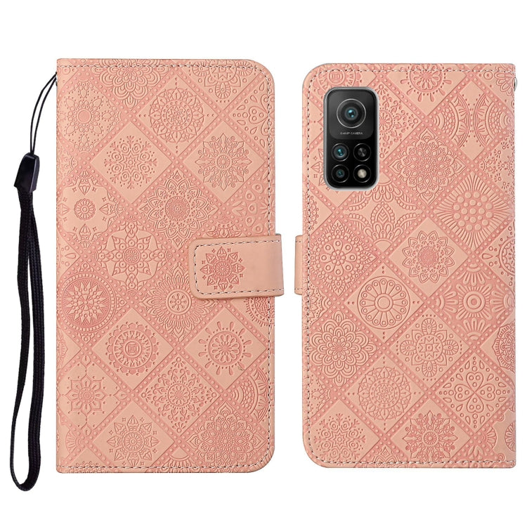 Light pink embossed flip phone wallet case with card holder and wrist lanyard strap