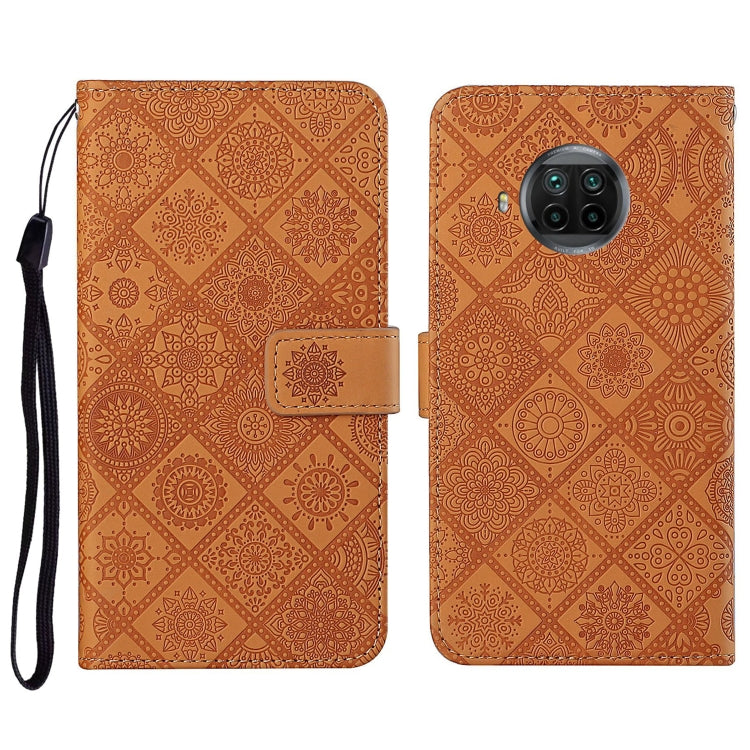Embossed flip leather phone wallet case with card slot, holder, and wrist strap; brown-orange