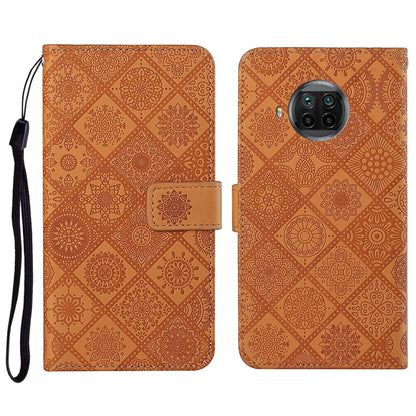 Embossed flip leather phone wallet case with card slot, holder, and wrist strap; brown-orange