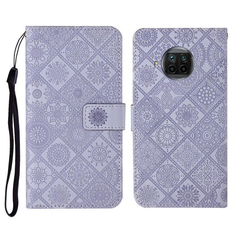 Embossed flip leather phone wallet case with card slot and wrist strap; light purple