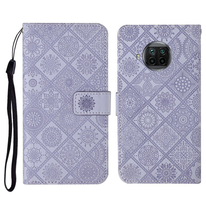 Embossed flip leather phone wallet case with card slot and wrist strap; light purple
