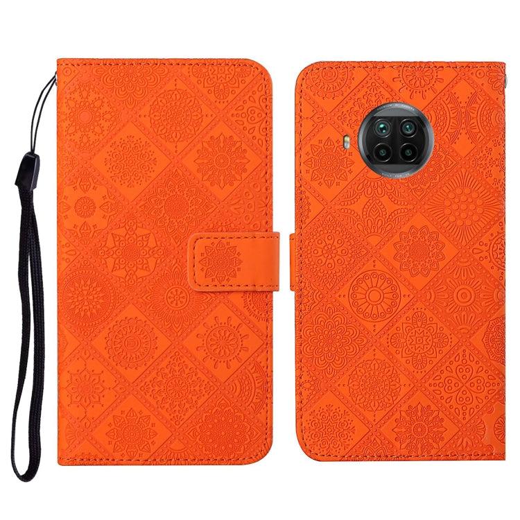 Embossed flip leather phone wallet case with card slot, holder, and wrist strap; orange