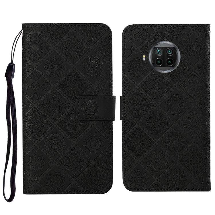 Embossed flip leather phone wallet case with card slot and wrist strap; dark black