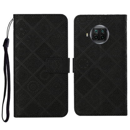 Embossed flip leather phone wallet case with card slot and wrist strap; dark black