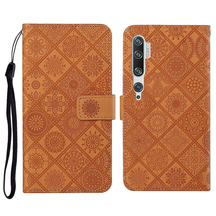 Brown embossed leather flip phone wallet case with card slot and wrist strap holder