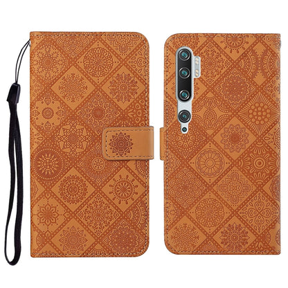 Brown embossed leather flip phone wallet case with card slot and wrist strap holder