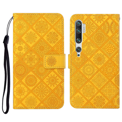 Golden yellow embossed leather flip phone wallet case with card slot and wrist strap holder
