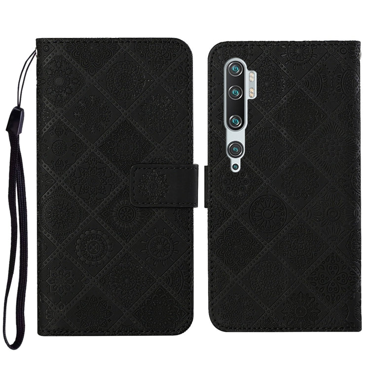 Black embossed flip leather phone wallet case with card slots and lanyard strap