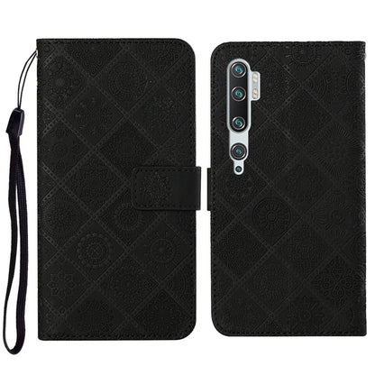 Black embossed flip leather phone wallet case with card slots and lanyard strap